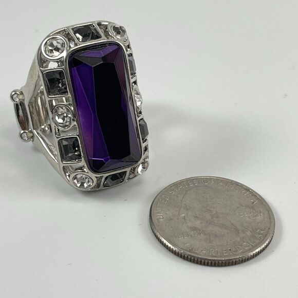 Silver Tone Stretch Band Ring Purple Radiant Cut Glass Cocktail Halo Statement - Picture 5 of 6